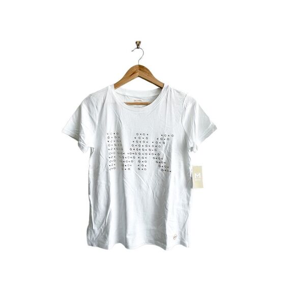 Michael Michael Kors White T-shirt Gold Bling MK Logo Stud Cotton Women's S NWT - Picture 1 of 8